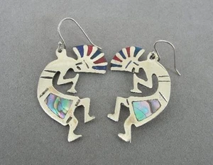 Earrings Sterling Kokopelli Dancers Abalone and Enamel Inlay Silver 925 Pierced - Picture 1 of 4