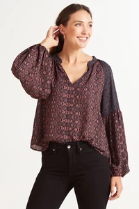 Roan + Ryan Annabelle V Neck Womens Blouse Size Large Animal Print Long Sleeve - Picture 1 of 12