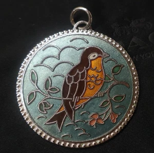 Enamel Bird Pendant Stamped Sarah Cov Silver Tone W/ Teal & Orange Accents Round - Picture 1 of 3