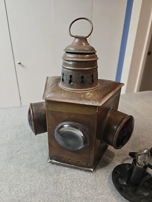 Linterna antigua vintage de latón americano de 3 lentes para ferrocarril o barcos casa de ruedas Foto 1 de 4