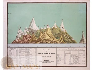 Antique Old Mountain Peaks Map – Snow Line Comparison by Bauerkeller 1855 - Picture 1 of 5