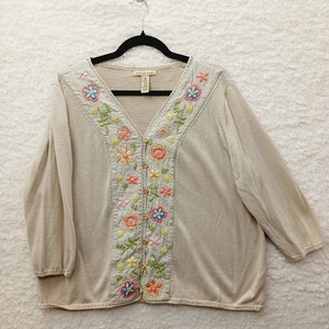 Bechamel Cardigan Button 1X Linen Tan Floral Embroidered Whimsycore Cottagecore - Picture 1 of 8