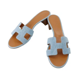 HERMES Oasis Size 37.5 Denim/Leather Blue Claire - Picture 1 of 8
