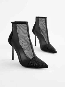 Next Black Sequin Mesh High Heel Ankle Cage Boots Size 4 37 Evening Party Prom - Picture 1 of 6