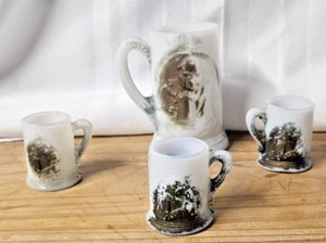 Antigue Set of 4 EAPG children's jadeite milk glass mugs monk holding beer stein - Picture 1 of 18