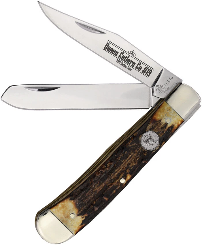 Queen Cutlery American-Made Genuine Stag Two-Blade Trapper Folding Knife QGSH54