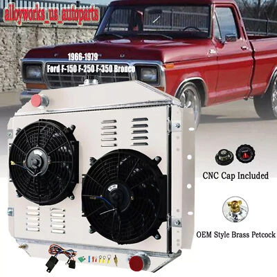 4 Row Radiator+Shroud Fan For 1966-1979 Ford F-150 F-250 F-350 Bronco Truck V8 Foto 1 de 4