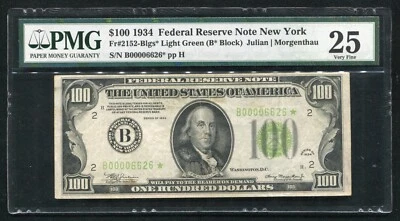 FR. 2152-Blgs* 1934 $100 *STAR* LGS LIGHT GREEN SEAL FRN NEW YORK, NY PMG VF-25 - Image 1 of 2