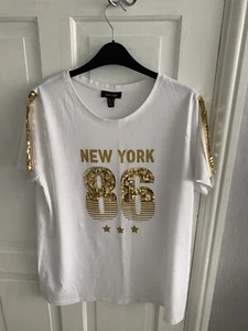 REDUZIERT!! NEW LOOK DAMEN WEISS & GOLD NEW YORK T-SHIRT GRÖSSE 12 - Bild 1 von 3