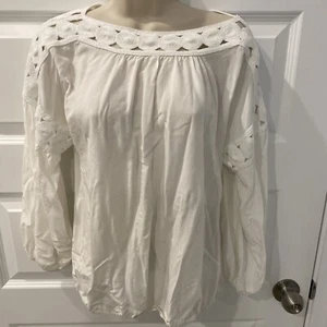 Sophie Max Sz M White W Lace Trim Elastic Waist Top Shirt 3/4 Sleeve (L2) - Picture 1 of 8