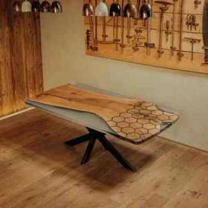 Modern Hexagon Epoxy Resin Dining Table | Geometric Live Edge Wood Table - Picture 1 of 6