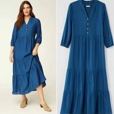 J Jill Blue Tiered Midi Dress V Neck Button Front Long Sleeve Ruffle Collar L - Image 1 of 4
