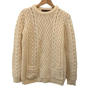 Pullover Inis Crafts Crema 100% Lana Merino Tejido con Cable Suéter Bolsillos Talla M - Imagen 1 de 7