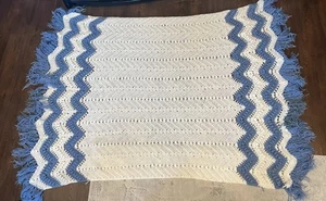 Vintage Handmade Granny Zig Zag Blue White Afghan Throw Blanket 75”x46” - Picture 1 of 8