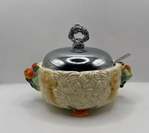 Clarice Cliff Ceramic Celtic Harvest Preserve Pot with Chrome Lid & Spreader - Picture 1 of 9