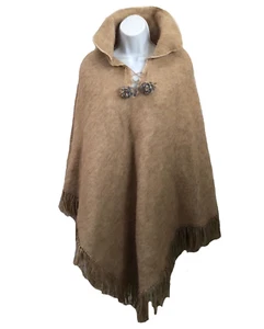 Vtg Taupe Beige Collar 70s Mohair 100% Wool Fringe Poncho with Pom Pom Tie neck - Picture 1 of 4