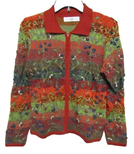 Ladies Marisa Christina Full Zip Cardigan Sweater Size S Flowers Red Orange Blue - Bild 1 von 3