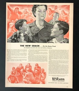 Anuncio de equipo deportivo Wilson 1943 Segunda Guerra Mundial mujer entrenador trabajo de guerra impresión de colección AD - Imagen 1 de 1