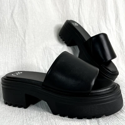 Leather Black Padded Lug Sole Platform Slide Sz 10 Womens Chunky Punk Grunge NEW - Image 1 of 4