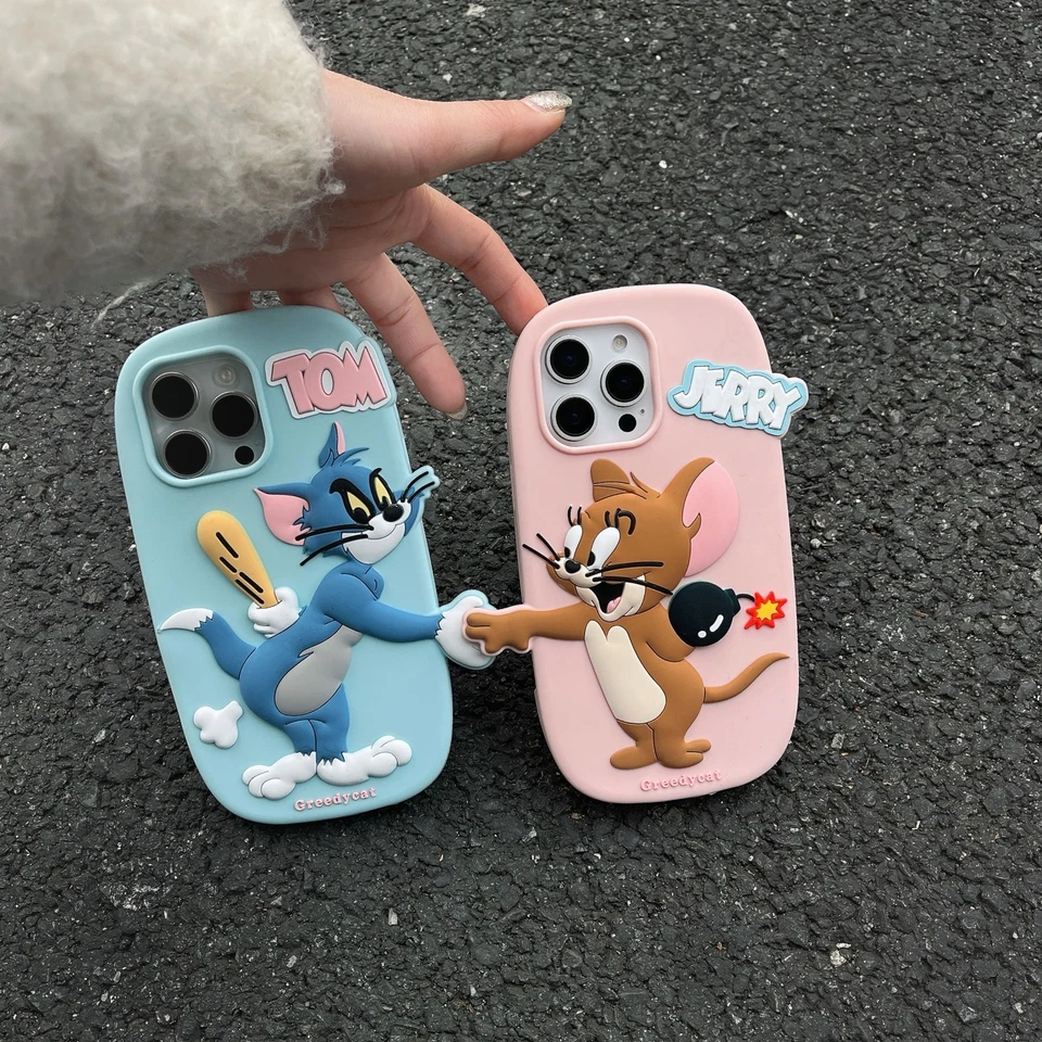 Linda funda de teléfono 3D Tom y Jerry para iPhone 13 14 15Plus 16 pareja cubierta de silicona Foto 1 de 4