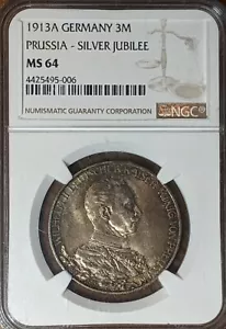1913A Germany Silver 3 Mark Prussia-Silver Jubilee NGC MS 64 FREE SHIPPING - Picture 1 of 4