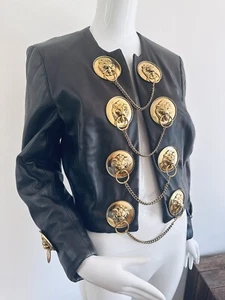 Moschino Jacket Vintage 1989 Gold Chain Lion's Head Black Lamb Leather Size 42 S - Picture 1 of 24