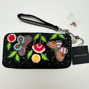 Portafoglio da polso America & Beyond con perline farfalla floreale nero paillettes nuovo con etichette - Foto 1 di 9