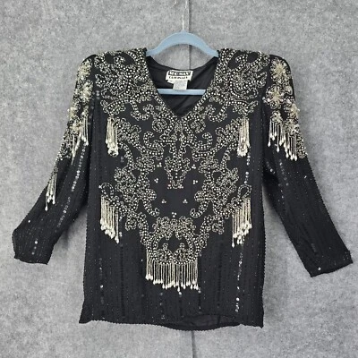 Vintage Showmax Originals Blouse Woman Medium Black Silver Silk Beaded Sequined - Image 1 of 4