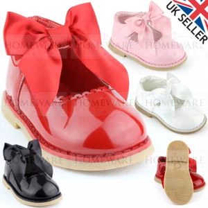 SPANISH STYLE BOW SHOES BABY GIRLS SHINY PATENT SHOES RED WHITE PINK UK4 UK8 NEW - Picture 1 of 15