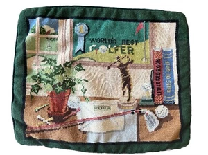 Vintage Needlepoint Petit Point Pillow Cover Golf Scene Cushion 18x16 Man Cave - Picture 1 of 7