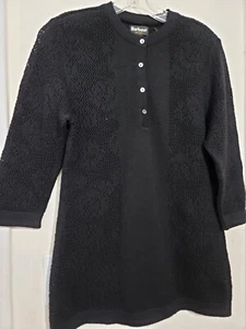 Barbour Gold Label Sweater Womens Sz 12 Black Lazer Cut Lace Henley Merino Wool - Picture 1 of 12
