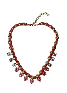 Stella & Dot Handwoven Red Darby Collar Necklace Gold Tone Beads w/Crystals - Picture 1 of 11