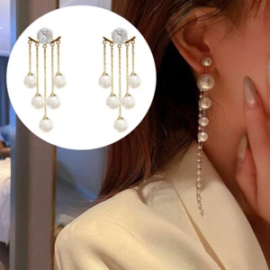 Women Crystal Gift Fashion Dangle Pearl Tassel Sliver Long Jewelry - Picture 1 of 10