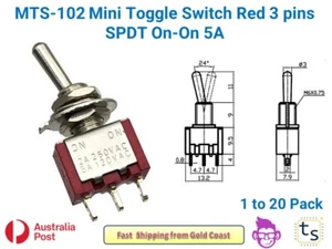 1 to 20pcs MTS-102 Mini Toggle Switch Red 3 pins SPDT On-On 5A - Picture 1 of 6