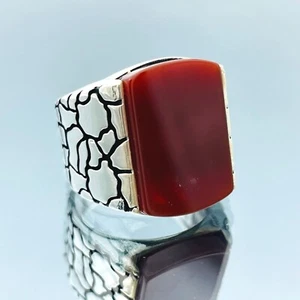 Men Natural Red Aqeeq Ring 925 Sterling Silver Ring Fashion Gift Him Ring Cool - Picture 1 of 10