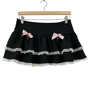 Falda Gótica Grunge Y2K Negra Volantes Encaje Rosa Arcos Cruces Talla L - Imagen 1 de 4
