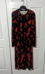 Tory Burch Red Floral Long Sleeve Round Button Neck MIDI Dress Womens M - Picture 1 of 6