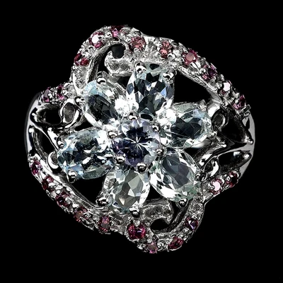 ANILLO AGUAMARINA NATURAL RODOLITA GRANATE TANZANITA PLATA DE LEY 925 14KWGP 8 Foto 1 de 3