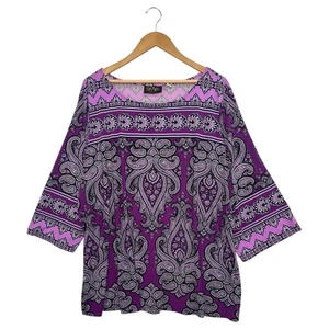 Bob Mackie Top Mujer 2X Púrpura Paisley Túnica Manga 3/4 Usable Arte Boho - Imagen 1 de 12
