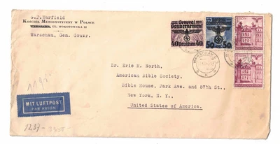1940 Cubierta de correo aéreo censurada de la Iglesia Metodista del Gobierno General de Varsovia a Nueva York Foto 1 de 2