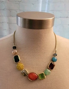Multicolored Beaded Goldtone Necklace Acrylic Glass 22" Lobster - Picture 1 of 4