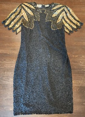 Vestido De Colección Stenay Negro y Dorado Cuentas Lentejuelas Seda Formal Aleta Talla P8 Foto 1 de 4