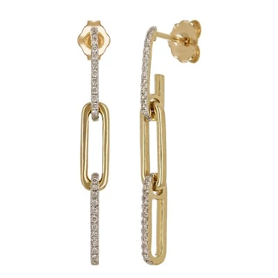 Pendientes colgantes con clip de papel de diamantes de 0,16 quilates de oro amarillo de 14 k de 1,2" 2,6 gramos Foto 1 de 4