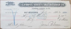 San Francisco, CA Trolley 1894 Bank Check, California Street Cable Railroad Co. - Picture 1 of 1