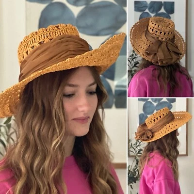 Rare Vintage ERIC JAVITS Open Weave Tan Straw Hat with Oversize Satin Bow - Image 1 of 4