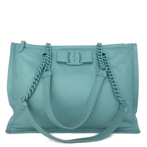 Salvatore Ferragamo VIVA Bow Leather Chain Shoulder Tote Bag Blue/4BD0199 - Picture 1 of 13