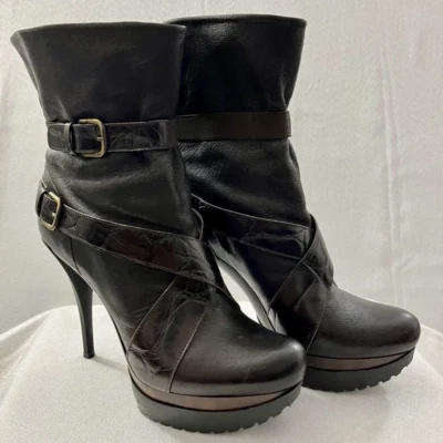 Stuart Weitzman Holdon Dark Brown Strap Leather Moto Platform Boots Size 8.5 - Image 1 of 4