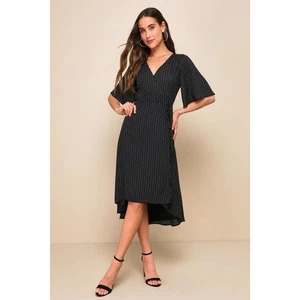 Lulus Größe Large Damen Farah schwarz Print Midi Wickelkleid Flatterärmel neu mit Etikett - Bild 1 von 6