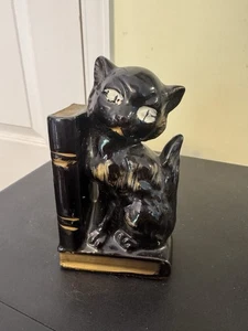 Black and Gold Cat Bookend with Pen Holder Vintage Red Ware Made In Japan - Picture 1 of 8