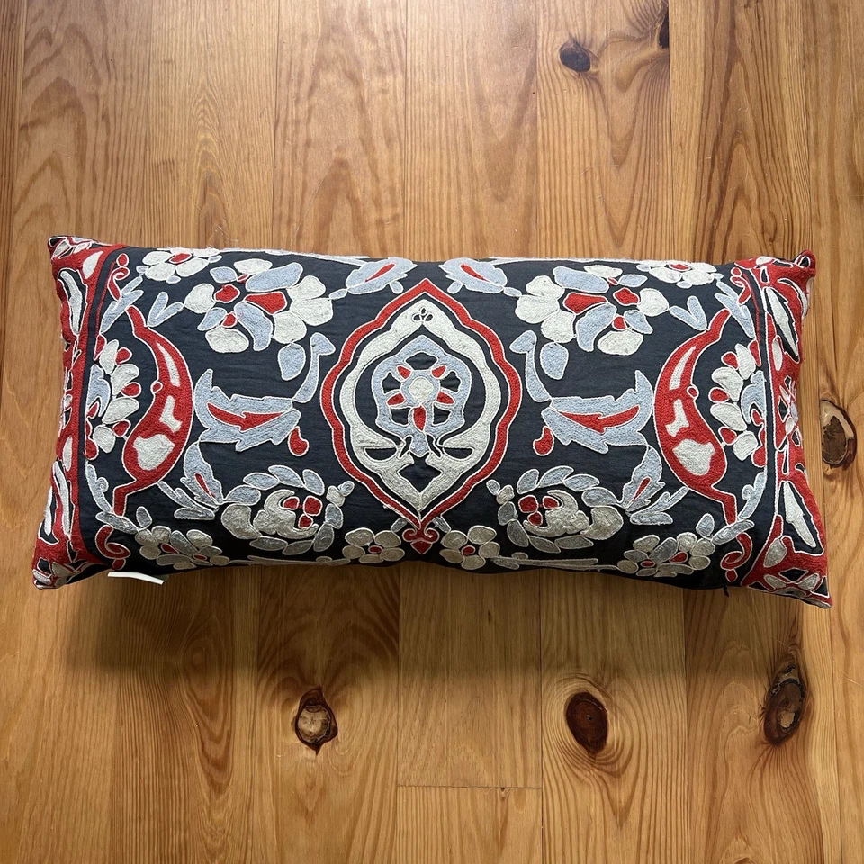 Cynthia Rowley Pillow Cover Insert Lumbar Blue Red Embroidered Floral Home 12x26 - Image 1 of 4